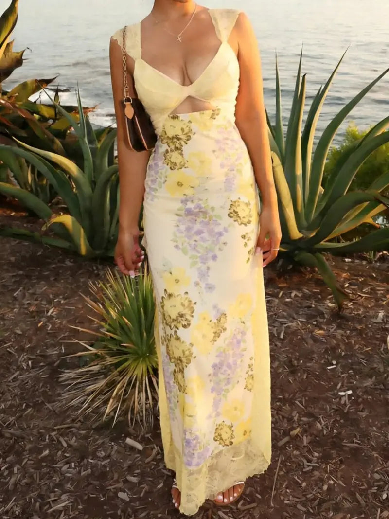 Women's floral print lace-trimmed jumpsuit, summer women's wear