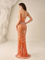 Ladies Rhinestone Strapless Elegant Heavy Embellished Evening Gown, Orange Fitted Sexy Bodycon Dress, For Luxurious Banquet, Wedding, Graduation Party