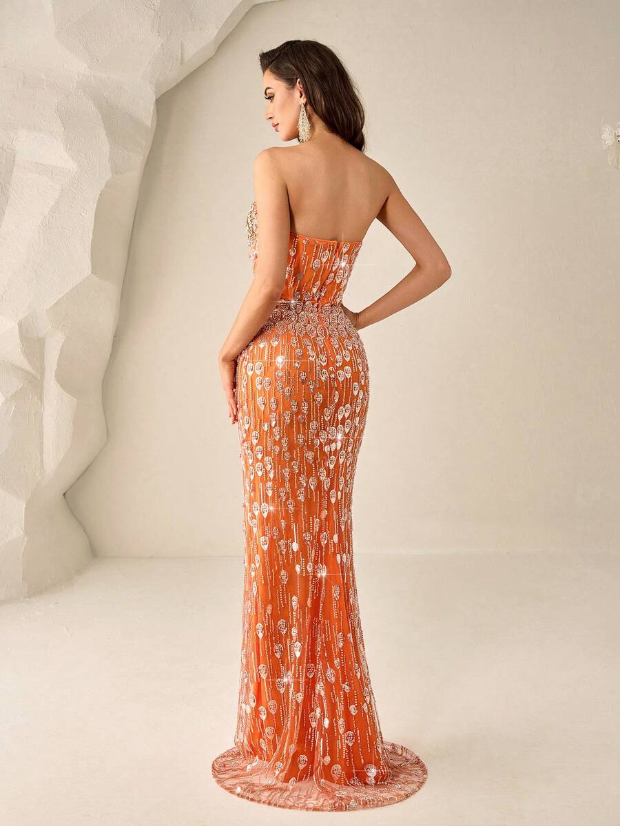 Ladies Rhinestone Strapless Elegant Heavy Embellished Evening Gown, Orange Fitted Sexy Bodycon Dress, For Luxurious Banquet, Wedding, Graduation Party