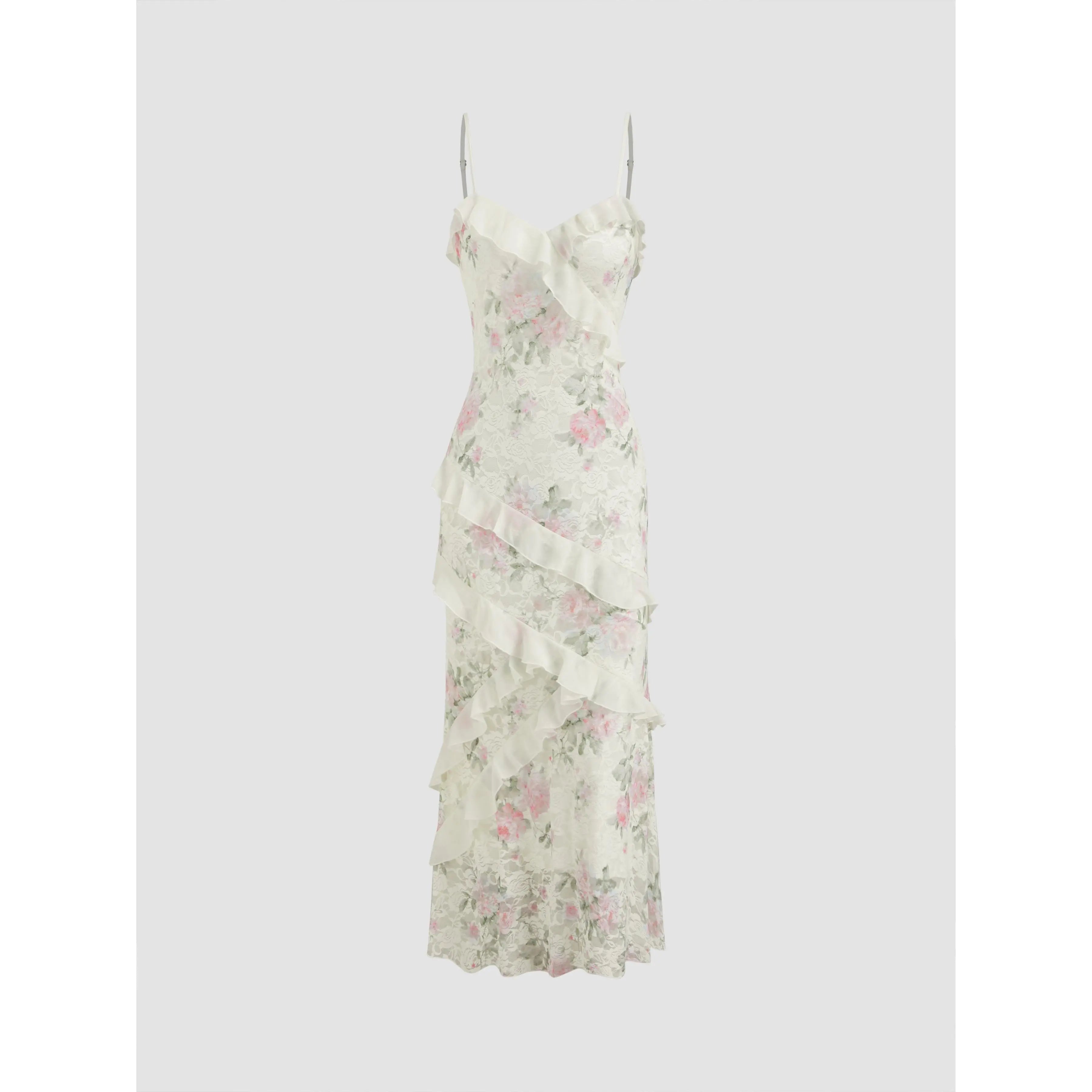 Lace V-neck floral ruffle stretch embroidered slim fit romantic women's summer vacation beach party dress
