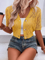 Women's V Neck Plain Hollow Out Button Front Knit Cardigan, Casual Spring Summer Short Sleeve Lightweight Short Cardigan, Women's Knitwear for Daily Wear, Knitting, Tops