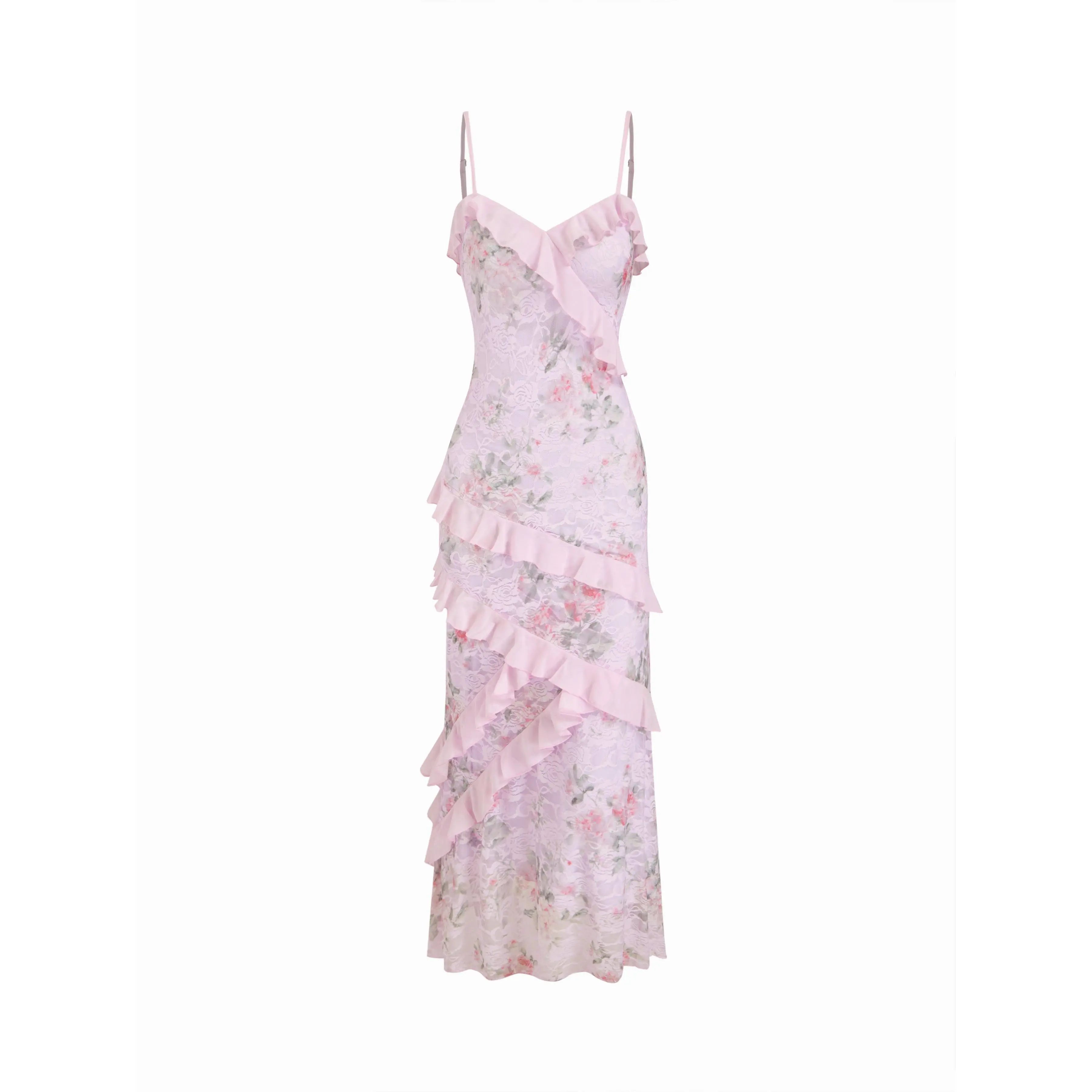 Lace V-neck floral ruffle stretch embroidered slim fit romantic women's summer vacation beach party dress