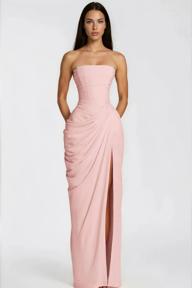 Strapless Draped High-Slit Maxi Dress