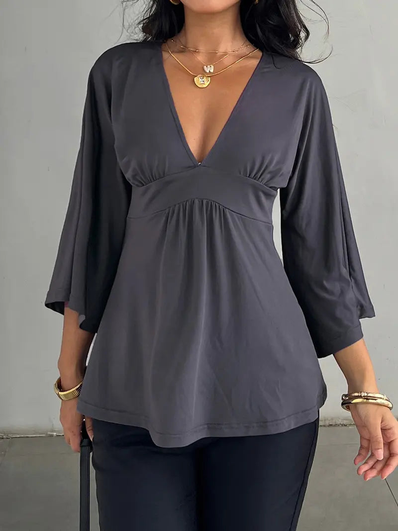 Women's V Neck Patchwork Ruched Batwing Sleeve a Line Loose Fit Fall Winter Y2K Casual Basic Tee, Comfortable Long Sleeve Top