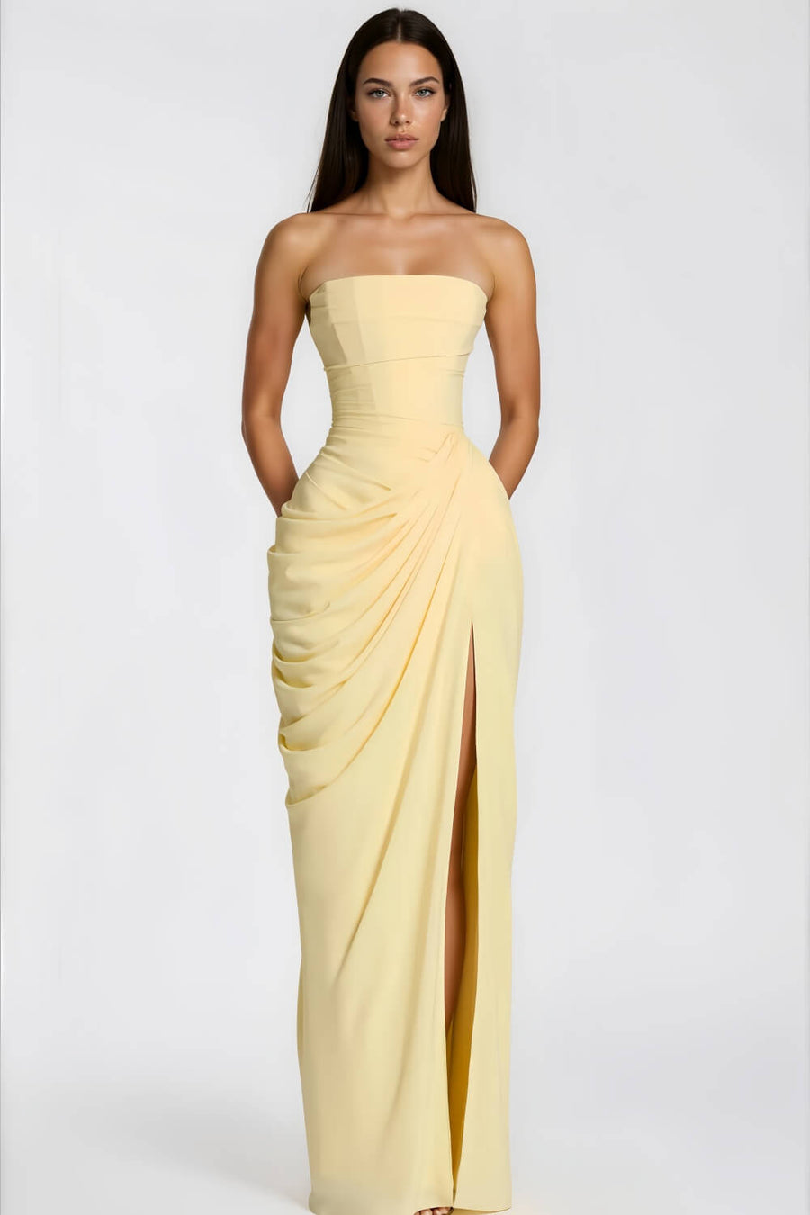 Strapless Draped High-Slit Maxi Dress