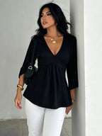 Women's V Neck Patchwork Ruched Batwing Sleeve a Line Loose Fit Fall Winter Y2K Casual Basic Tee, Comfortable Long Sleeve Top