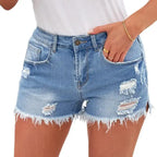Women's Casual Stretch Ripped Mid-Rise Denim Shorts