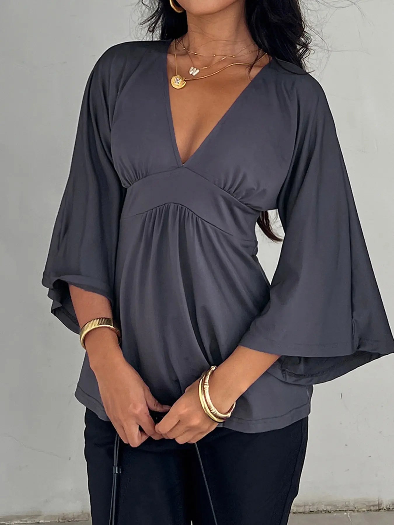 Women's V Neck Patchwork Ruched Batwing Sleeve a Line Loose Fit Fall Winter Y2K Casual Basic Tee, Comfortable Long Sleeve Top