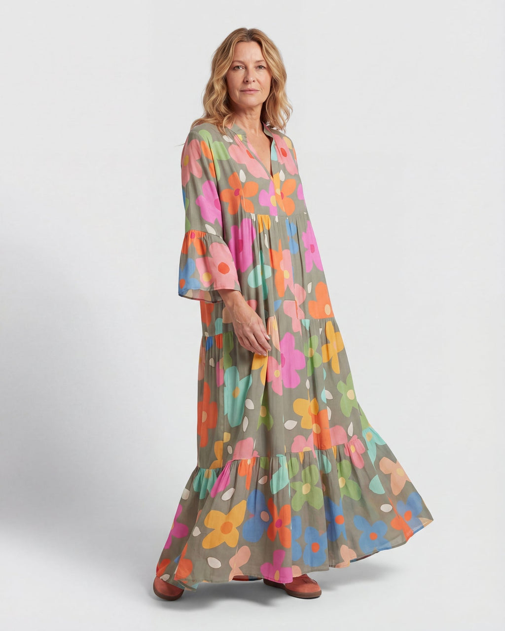 Women's Boho Bold Floral V-Neck Tiered Maxi Dress