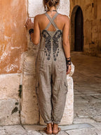 📦📦LAST DAY SAVE 49% ⏰Women's V-neck Sleeveless Wide-leg Jumpsuit — Casual, Loose-fit Cotton-linen Blend With Placement Print