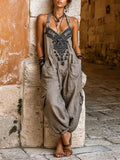 📦📦LAST DAY SAVE 49% ⏰Women's V-neck Sleeveless Wide-leg Jumpsuit — Casual, Loose-fit Cotton-linen Blend With Placement Print